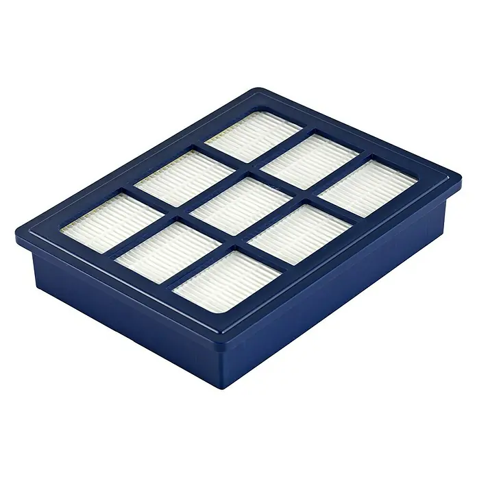 Nilfisk Dauerfilter HEPA 13 Select - Passend für: Nilfisk Staubsauger Select & Elite Serie - Nahaufnahme eines blauen Staubsaugerfilters mit weißem Filtermaterial, das in neun Abschnitte unterteilt ist.