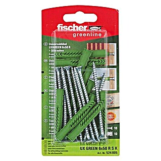 Fischer Greenline Universaldübel-Set UX 6 x 50 R S GREEN K (Durchmesser Dübel: 6 mm, Länge Dübel: 50 mm, 10 Stk., Mit Rand, Spanplattenschraube)