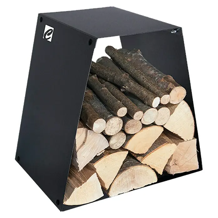 Holzkorb Franz - 48,5 x 36 x 47 cm, Stahl, Schwarz - Schwarzes Kaminholzregal mit Holzscheiten und Anmachholz gefüllt, ideal für die Kaminholz Lagerung neben dem Kamin.