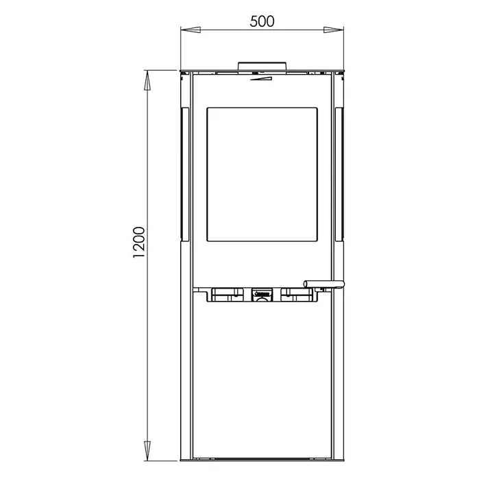 Aduro Kaminofen 9-5 - 8 kW, Raumheizvermögen: 334 m³, Material Verkleidung: Stahl, Schwarz - Abbildung eines Kamins mit den Maßen 1200 x 500, detaillierte Darstellung des Produkts.