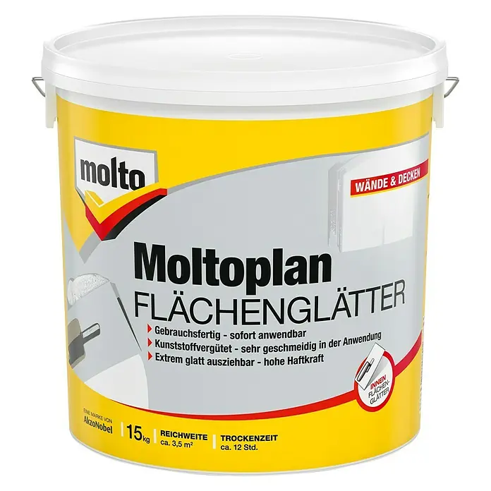 Molto Flächenglätter Moltoplan - 15 kg - Eimer Molto Moltoplan Flächenglätter, gebrauchsfertige Spachtelmasse für glatte Wände und Decken, 15 kg.