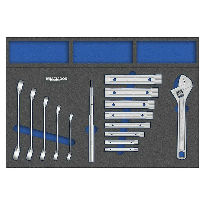 Matador Tool System Schlüsselsatz - 15 -tlg. - Matador Werkzeugsatz im Schaumstoffmodul, bestehend aus Schraubenschlüsseln, Verlängerung und verstellbarem Schraubenschlüssel für vielfältige Anwendungen.
