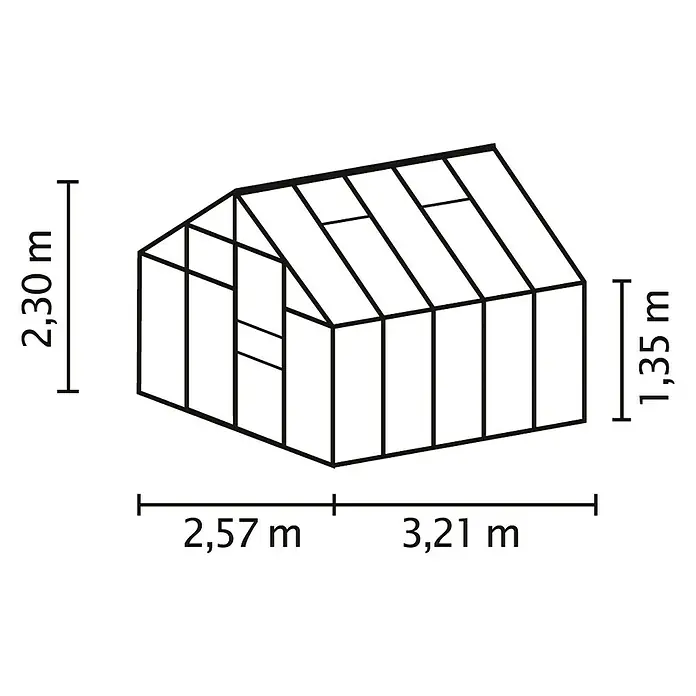 Vitavia Gewächshaus Merkur 8300 Plus - Außenmaß inkl. Dachüberstand (B x T): 257 x 321 cm, 3 mm, Aluminium - Abbildung eines Gewächshauses mit einer Höhe von 2,30 m, einer Breite von 2,57 m und einer Länge von 3,21 m, das eine optimale Gartenarbeit ermöglicht.