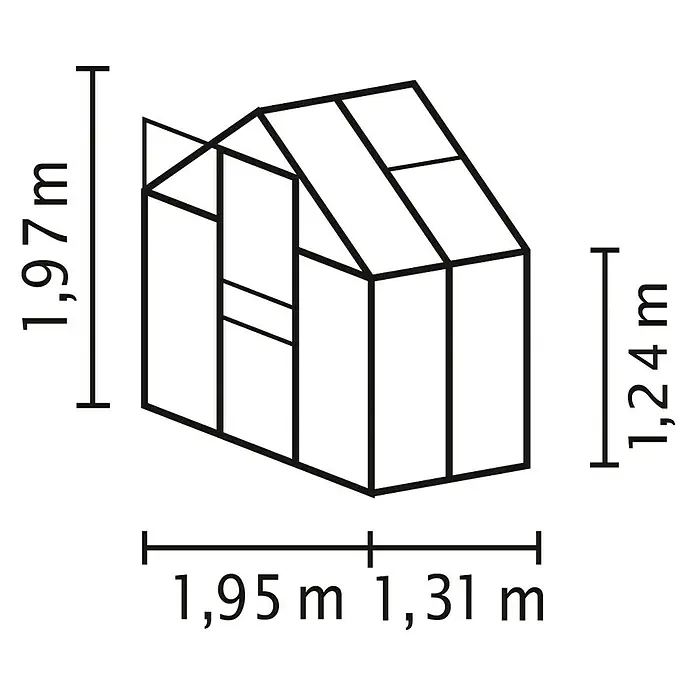 Vitavia Gewächshaus Venus 2500 Plus - Außenmaß inkl. Dachüberstand (B x T): 195 x 131 cm, 4 mm, Aluminium - Skizze eines Gewächshauses mit Maßangaben. Das Gewächshaus ist 1,97 m hoch, 1,95 m breit und 1,31 m tief.