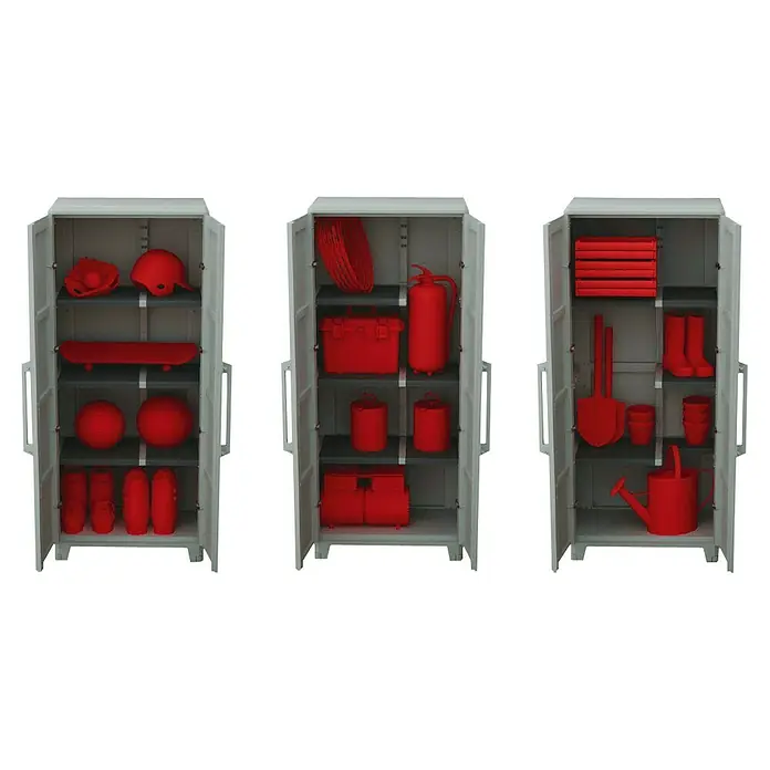 Terry Transforming Ampliación armario de PVC Modular - L x An x Al: 43,6 x 78 x 41,4 cm - Tres armarios de almacenamiento grises, cada uno lleno de artículos rojos, ofrecen soluciones de organización elegantes y funcionales.