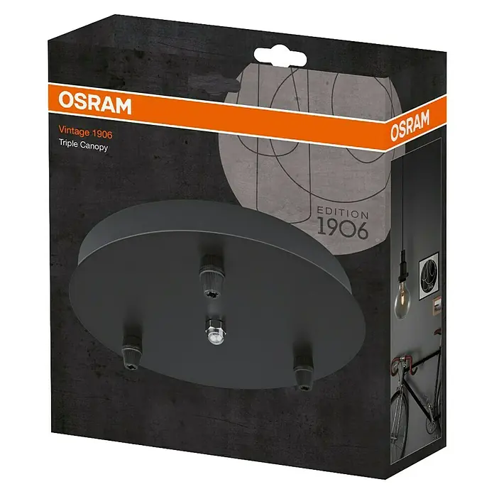 Osram Lampenbaldachin Triple Canopy Vintage 1906 - Schwarz, 200 mm - Produktverpackung für eine Vintage 1906 Dreifach-Baldachin Pendelleuchte von Osram in Schwarz.