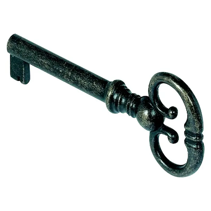 Suki Llave decorativa 492.01.827 - Longitud del tallo útil: 38 mm, Pulido, Negro - Primer plano de una llave de metal ornamentada y antigua.