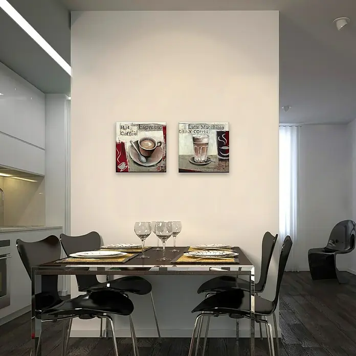 ProArt Leinwandbild Konventionel - Pleasure II, B x H: 40 x 40 cm - Speisesaal mit zwei Kaffee-Wandkunstwerken über einem Tisch mit Gedecken, was eine warme und einladende Atmosphäre schafft.