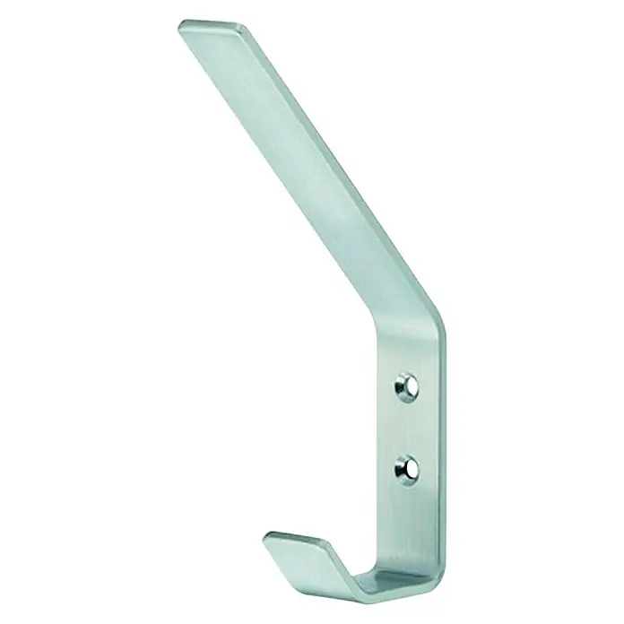 GarderobenhakenL x B x H: 140 x 20 x 72 mm, Ausstattung: 1 Haken, Lochabstand: 20 mm, Matt gebürstet - Ein silberner Wandhaken aus Metall mit zwei Befestigungslöchern für Jacken, Handtücher und mehr.