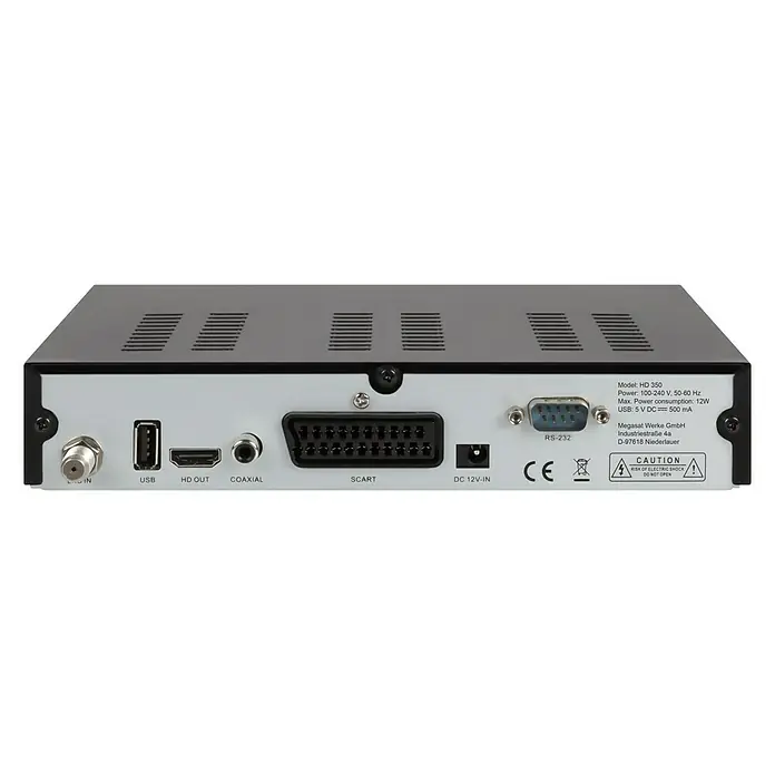 Megasat HDTV-Sat-Receiver HD 350 V3 - 1.920 x 1.080 Pixel (Full HD), HDMI-Eingang, L x B x H: 140 x 220 x 40 mm - Rückseite des HD 350 Receivers mit Anschlüssen für Antenne, USB, HDMI, Koaxial, Scart, Strom und RS-232.