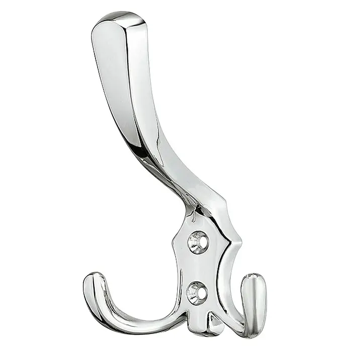 Häfele Gancho para colgar - Equipamiento: 3 ganchos, Distancia entre orificios: 20 mm, Cromado pulido - Un colgador de ropa plateado brillante con dos ganchos y agujeros de montaje, perfecto para un almacenamiento elegante.