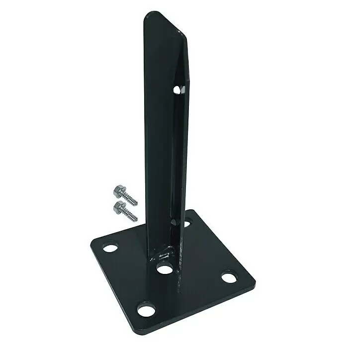 Kraus Dino Trend Standfuß - Anthrazit - Schwarze Metall-Pfostenbasis mit quadratischer Platte, aufrechter Halterung und zwei selbstbohrenden Schrauben zur sicheren Befestigung.