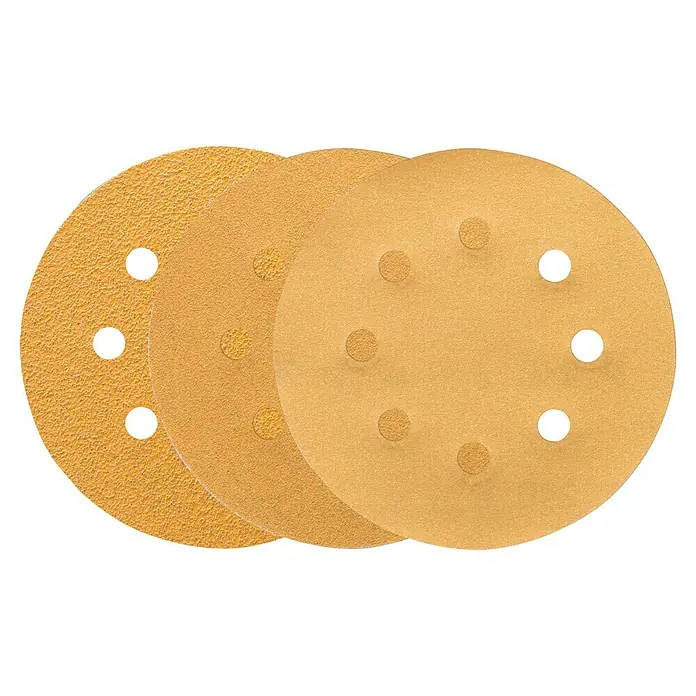 Craftomat Set de hojas de lija - Grano: 60 mm - 240 mm, 6 ud., Diámetro: 115 mm - Imagen de tres discos de lija de diferentes grados con orificios de aspiración de polvo, ideales para trabajos de carpintería y preparación de superficies.