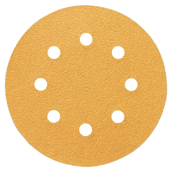 Craftomat Schleifblätter BFWP - Durchmesser: 115 mm, Körnung: 80, Gelocht - Das Bild zeigt ein rundes Schleifpapier mit einer gelben, körnigen Oberfläche und acht Löchern zur Staubabsaugung. Ideal für Schleifarbeiten.