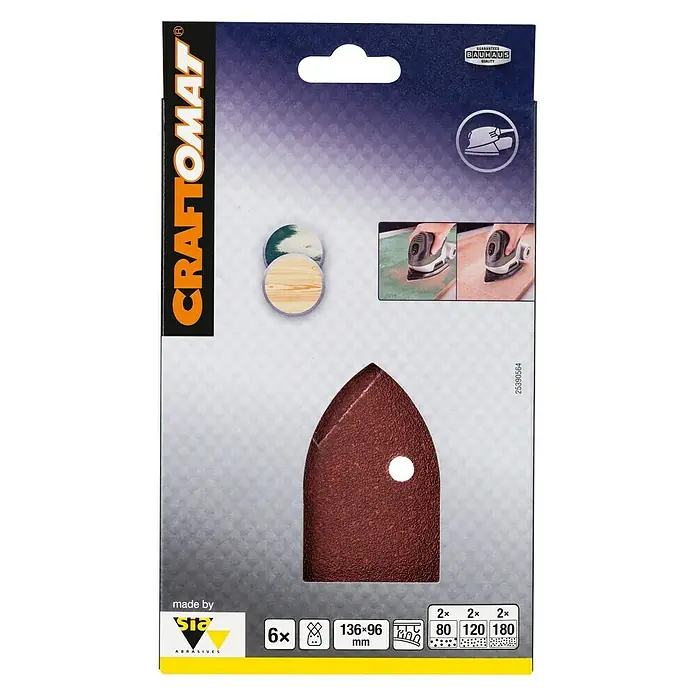 Craftomat Set de hojas de lija - An x L: 100 x 170 mm, Grano: 80 mm - 180 mm, 6 ud. - Paquete de papel de lija Craftomat con varios granos para lijadoras delta, ideal para lijar superficies de madera.