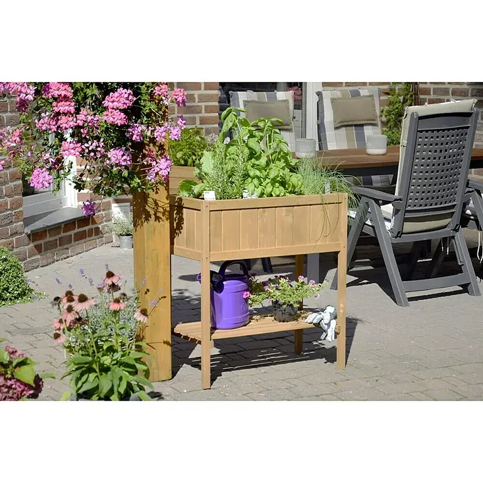 Dobar Hochbeet - 76 x 40 x 80 cm, Holz, Braun - Holz Pflanztisch mit Kräutern, Blumen, Gießkanne und Gartenhandschuhen. Ideal für Garten, Terrasse oder Balkon.
