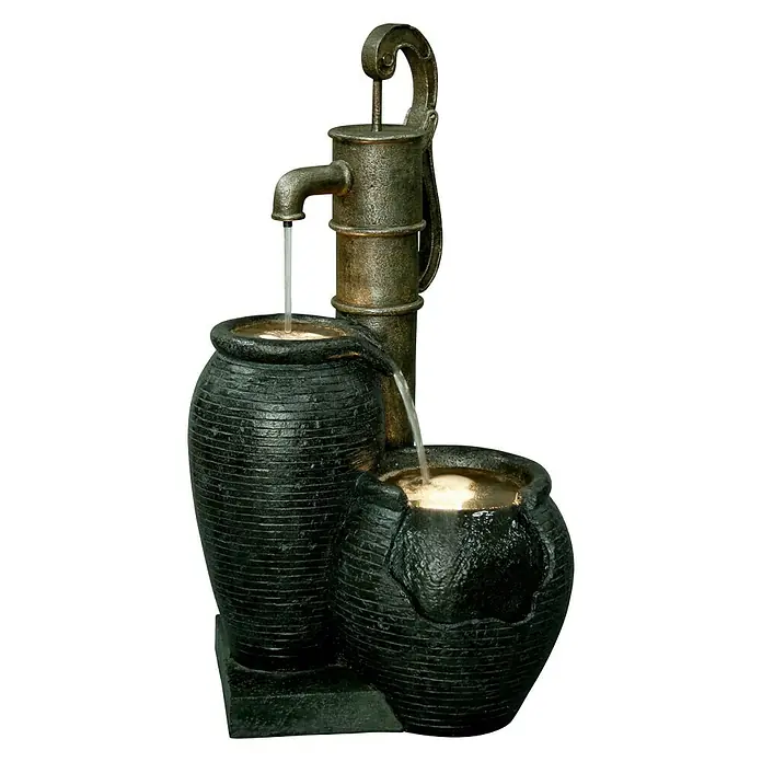 Dobar Kunststeinbrunnen - 47,5 x 38,5 x 84 cm - Dekorativer Zimmerbrunnen mit rustikalem Design, der Wasser von einer Pumpe in zwei Vasen leitet und eine beruhigende Atmosphäre schafft.
