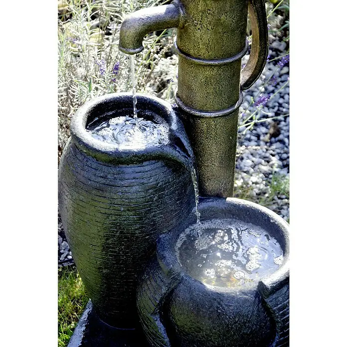 Dobar Kunststeinbrunnen - 47,5 x 38,5 x 84 cm - Mehrstufiger Außenbrunnen mit Wasserpumpe, der durch die Kaskadierung in mehreren Ebenen ein beruhigendes Ambiente schafft.