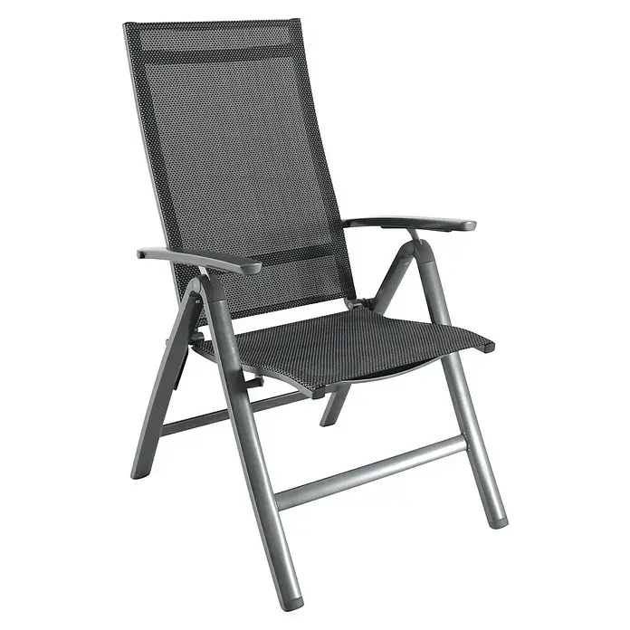 Sunfun Gartenmöbel-Set Melina/Maja - 5 -tlg., Akazie, Aluminium, Textilen, Schwarz/Anthrazit - Abbildung eines grauen Klappstuhls mit Armlehnen und einem Sitz aus Netzmaterial.