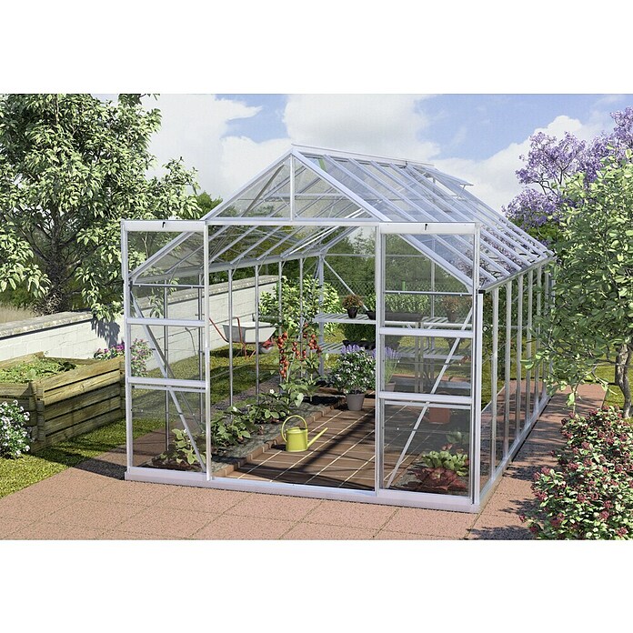 Vitavia Gewächshaus (4,45 x 2,57 x 2,3 m, Farbe: Aluminium, Einscheibensicherheitsglas (ESG), 3 mm)