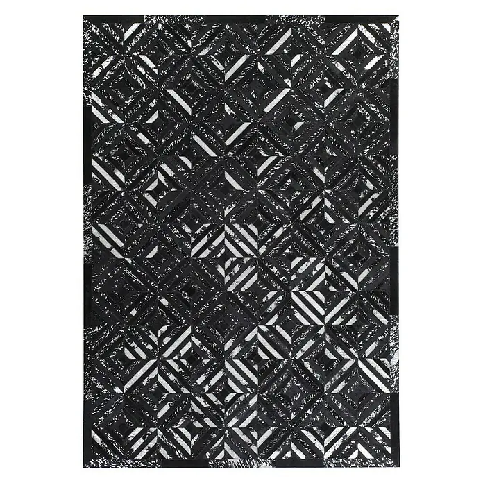 Kayoom Lederteppich DazzleSchwarz/Silber, 150 x 80 cm, 100 % Leder - Schwarzer Teppich mit einem geometrischen Rautenmuster in Schwarz und Weiß. Perfekt, um jedem Raum einen Hauch von modernem Stil zu verleihen.