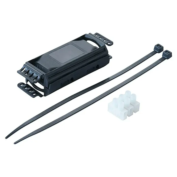Heidemann Iso Flex Gelmuffe S - 100 x 36 x 23 mm, Trittfest - Ein schwarzes elektronisches Bauteil mit Kabelbindern und weißen Verbindungsstücken für die Installation.
