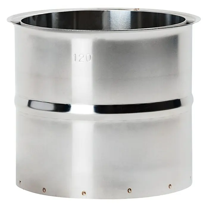 Doppelwandfutter - Durchmesser: 120 mm, Edelstahl, Silber - Ein glänzendes Edelstahlrohrstück, ideal für Heizungs- oder Lüftungsanlagen, mit einer gut sichtbaren "120" Markierung.
