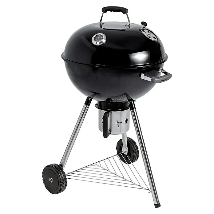 Kingstone Barbacoa redonda con tapa Bullet 57 - Diámetro de la superficie de la parrilla: 57 cm, Negro - Barbacoa esférica negra con patas plateadas y estante para una experiencia de asado óptima.