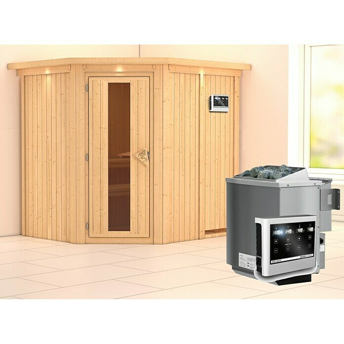 Karibu Systemsauna Siirin (Mit Sauna Bio-Ofen 9 kW inkl. Steuerung Easy, Mit Dachkranz und Beleuchtung, Massivholz, 170 x 196 x 198 cm)