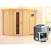 Karibu Systemsauna Siirin (Mit Sauna Bio-Ofen 9 kW inkl. Steuerung Easy, Mit Dachkranz und Beleuchtung, Massivholz, 170 x 196 x 198 cm)