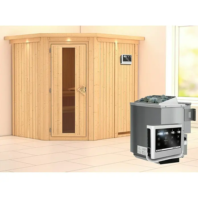 Karibu Elementsauna Siirin - Mit 9 kW Bio-Ofen mit externer Steuerung, Mit Dachkranz und Beleuchtung, Materialspezifizierung Tür: Massivholztür, L x B x H: 210 x 184 x 192 cm - Abbildung einer Sauna mit Ofen und Steuerung. Der Saunaofen sorgt für die Wärme, die Steuerung für Komfort.