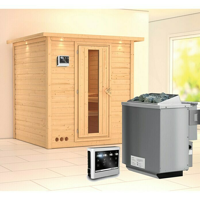 Karibu Massivholzsauna Mojave (Mit Sauna Bio-Ofen 9 kW inkl. Steuerung Easy, Mit Dachkranz und Beleuchtung, Massivholz, 184 x 193 x 208 cm)