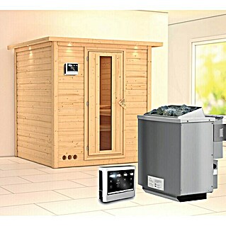 Karibu Elementsauna Mojave (Mit 9 kW Bio-Ofen mit externer Steuerung, Mit Dachkranz und Beleuchtung, Materialspezifizierung Tür: Massivholztür, L x B x H: 224 x 210 x 192 cm)