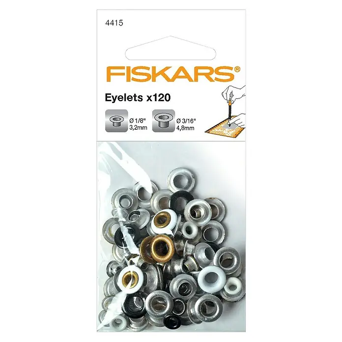 Fiskars Ösen - 120 -tlg. - Fiskars Ösen x120 Packung mit einer Mischung aus Ösen in verschiedenen Farben und Größen, die sich ideal für Bastelarbeiten eignen.