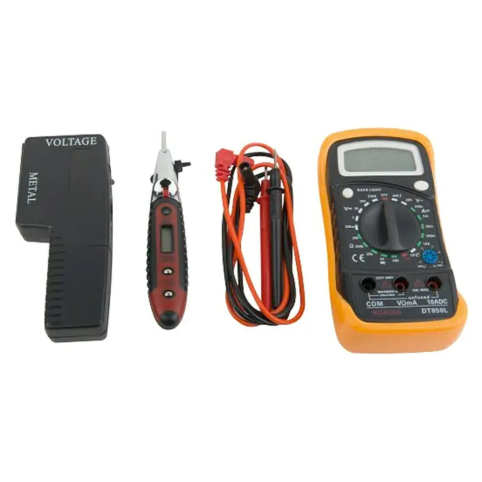Multímetro digital y kit de electricista - L x An x Al: 40 x 185 x 290 mm, Negro - Imagen de un multímetro, probador de tensión y detector. Una herramienta para medir valores eléctricos.