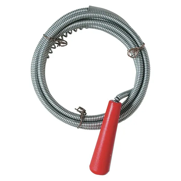 Desatascador espiral - Largo: 3 m, Diámetro: 6 mm, Apto para: Tuberías de desagüe - Una serpiente de drenaje con mango rojo, ideal para limpiar obstrucciones en desagües y tuberías.