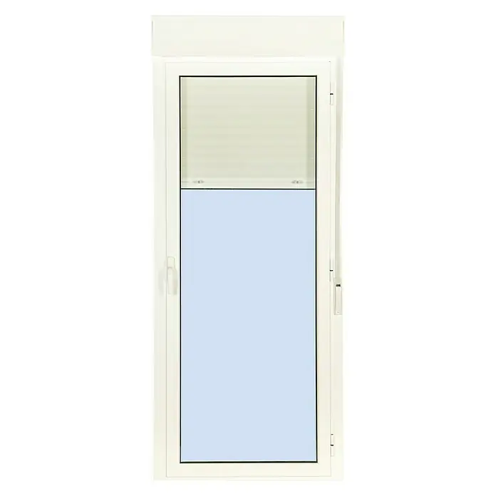 Solid Elements Balconera practicable de aluminio - 90 x 218 cm, Derecha, Blanco - Un marco de ventana blanco con un estor enrollable en la parte superior y un vidrio azul en la parte inferior.