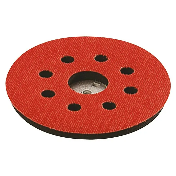 Wolfcraft Disco de lija autoadherente 2258000 - Diámetro: 125 mm - Imagen de un disco de papel de lija con múltiples agujeros de color rojo, utilizado para lijar superficies.