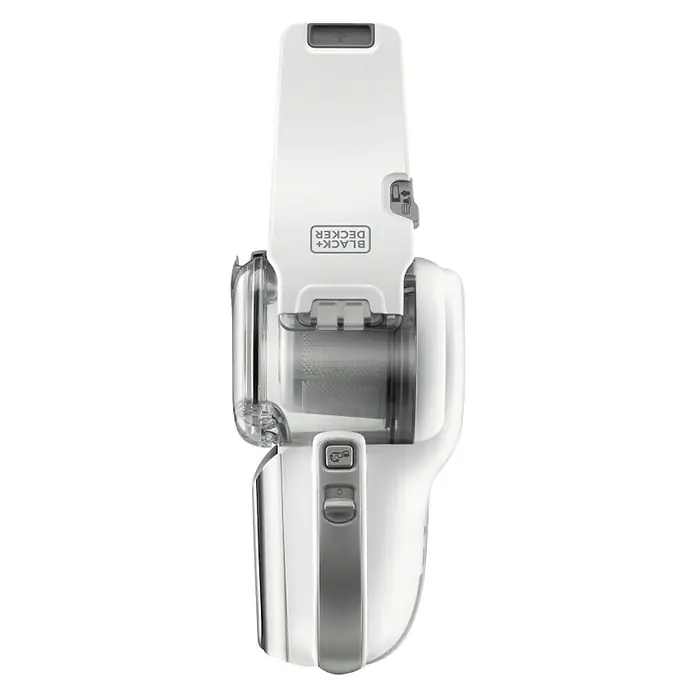 Black+Decker Aspirador de mano de batería PV1820L-AARU - 18 V, 1 batería, Volumen de recipiente: 440 ml - Primer plano de una aspiradora de mano Black+Decker blanca, ideal para la limpieza rápida de áreas pequeñas.