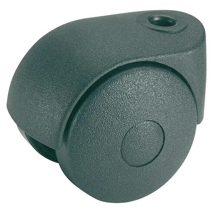 Stabilit Rueda doble - Diámetro ruedas: 50 mm, Capacidad de carga: 30 kg, Casquillo liso, Con agujero pasante, Diámetro agujero posterior: 8 mm - Primer plano de una rueda de repuesto oscura para equipaje con una superficie texturizada y un orificio para una fácil instalación.