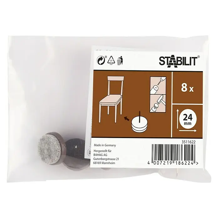Stabilit Filzgleiter - Durchmesser: 24 mm, 8 Stk., Braun, Nageln - Abbildung einer Packung Stabilit Möbelgleiter mit Filzgleitfläche, 8 Stück, Durchmesser 24 mm, zur einfachen Montage an Möbelbeinen.