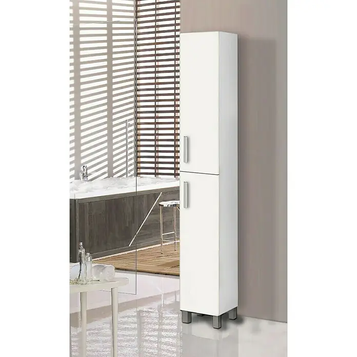 Artysan Armario alto de baño Mirra - 25 x 27 x 181 cm, Blanco - Baño con mueble alto y estrecho blanco de dos puertas y manijas plateadas para guardar artículos de baño.