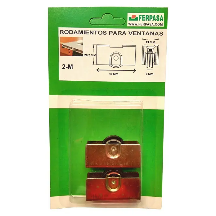 Cojinete de bolas metal 2-M - Diámetro: 20,2 mm, Ancho: 13 mm - Paquete con dos cojinetes de ventana de FERPASA, con especificaciones detalladas de tamaño impresas en el paquete.