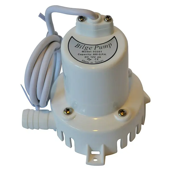 Bomba de achique sumergible - Capacidad de bombeo máx.: 2.300 l/h, Consumo de corriente: 4 A - Bomba de achique blanca, modelo 03301, con una capacidad de 600 GPH, 12V, ideal para su uso en embarcaciones para la extracción de agua.