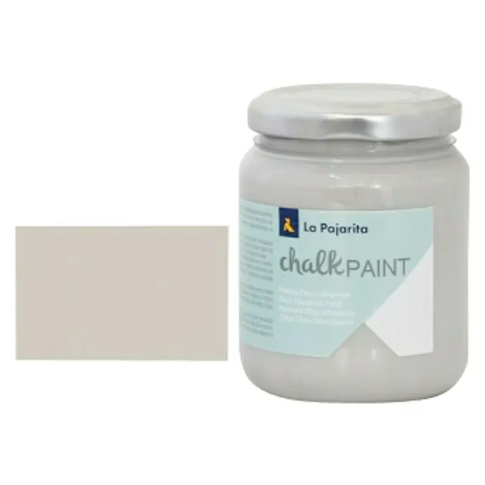 La Pajarita Pintura de tiza Chalk Paint - London Grey, 175 ml, Mate - Bote de pintura a la tiza La Pajarita con muestra de color. Esta pintura a la tiza de alta calidad es ideal para muebles, decoración y proyectos DIY.