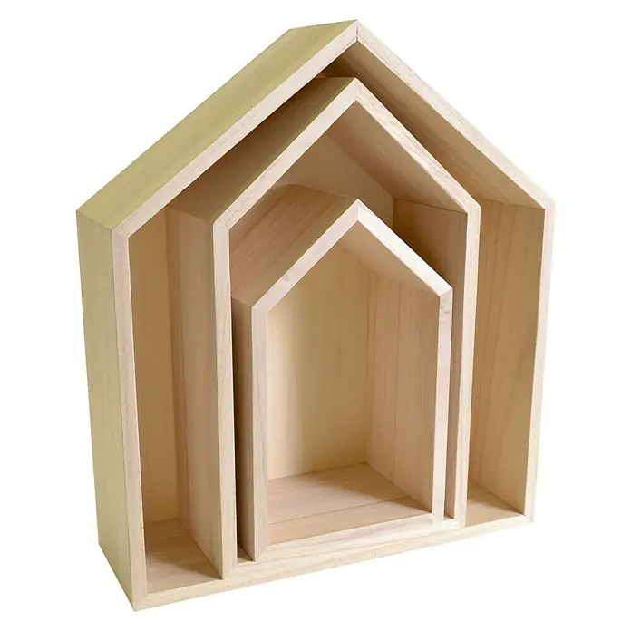 Set cajas de madera estantes Casa -  - Juego de estantes con forma de casa: Tres estantes de madera sin terminar en diferentes tamaños, perfectos para personalizar y decorar tu espacio.