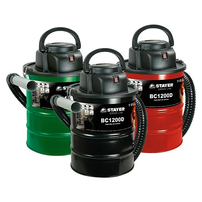 Stayer Aspirador de cenizas eléctrico BC 1200D - 1.200 W, Volumen de recipiente: 20 l, Sin bolsa - Tres aspiradores de ceniza STAYER GREEN LINE BC1200D en verde, negro y rojo. Ideales para limpiar chimeneas y parrillas.