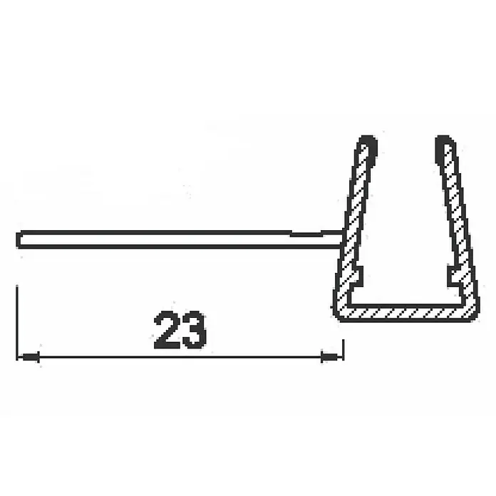 Perfil de sellado de cruce L - 200 x 3,12 x 1,3 cm, Transparente - Sección transversal del perfil con dimensión "23", que indica el tamaño y las especificaciones del producto.\n