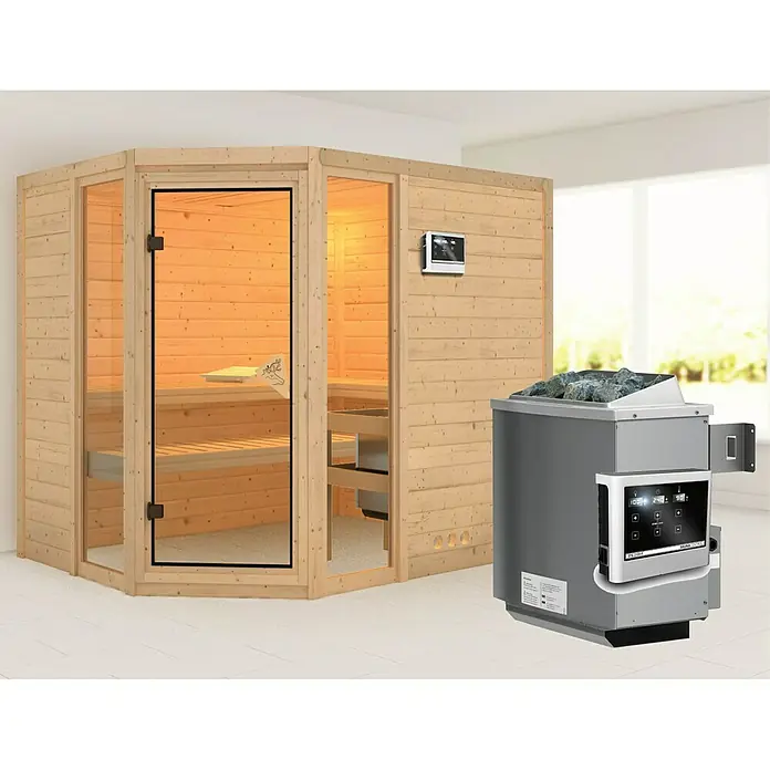 Karibu Massivholzsauna Sinai 3 - Mit 9 kW Ofen mit externer Steuerung, Ohne Dachkranz, L x B x H: 236 x 184 x 200 cm - Bild einer Sauna mit Holzverkleidung und einem Saunaofen mit Steinen. Das Produkt ist ideal für Entspannung und Wellness zu Hause.