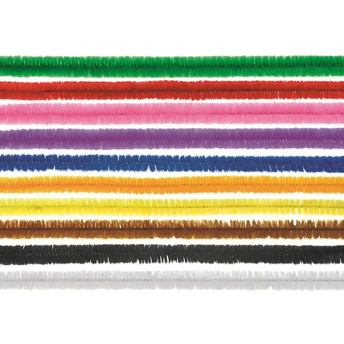 Glorex Biegeplüsch - Bunt, 50 cm, 10 Stk. - Nahaufnahme von bunten, flauschigen Pfeifenreinigern in verschiedenen Farben, die sich ideal für Bastelarbeiten eignen.